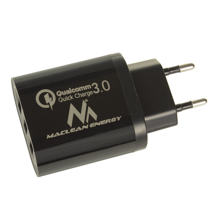 Netoplader 1xQC 3.0 Maclean Energy MCE479 B - sort Qualcomm Quick Charge QC 3.0 - 3,6-6VV/3A, 6-9V/2A, 9-12V/1,5A og 2 stik 5V/2,1A