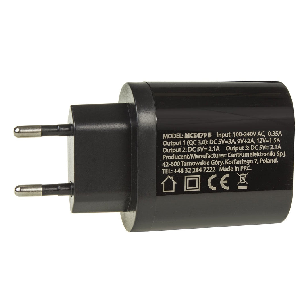 Netoplader 1xQC 3.0 Maclean Energy MCE479 B - sort Qualcomm Quick Charge QC 3.0 - 3,6-6VV/3A, 6-9V/2A, 9-12V/1,5A og 2 stik 5V/2,1A