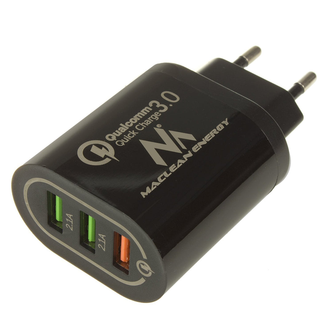 Netoplader 1xQC 3.0 Maclean Energy MCE479 B - sort Qualcomm Quick Charge QC 3.0 - 3,6-6VV/3A, 6-9V/2A, 9-12V/1,5A og 2 stik 5V/2,1A