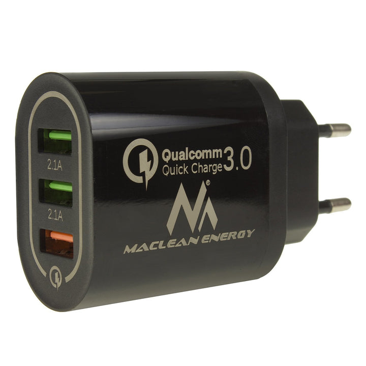 Netoplader 1xQC 3.0 Maclean Energy MCE479 B - sort Qualcomm Quick Charge QC 3.0 - 3,6-6VV/3A, 6-9V/2A, 9-12V/1,5A og 2 stik 5V/2,1A