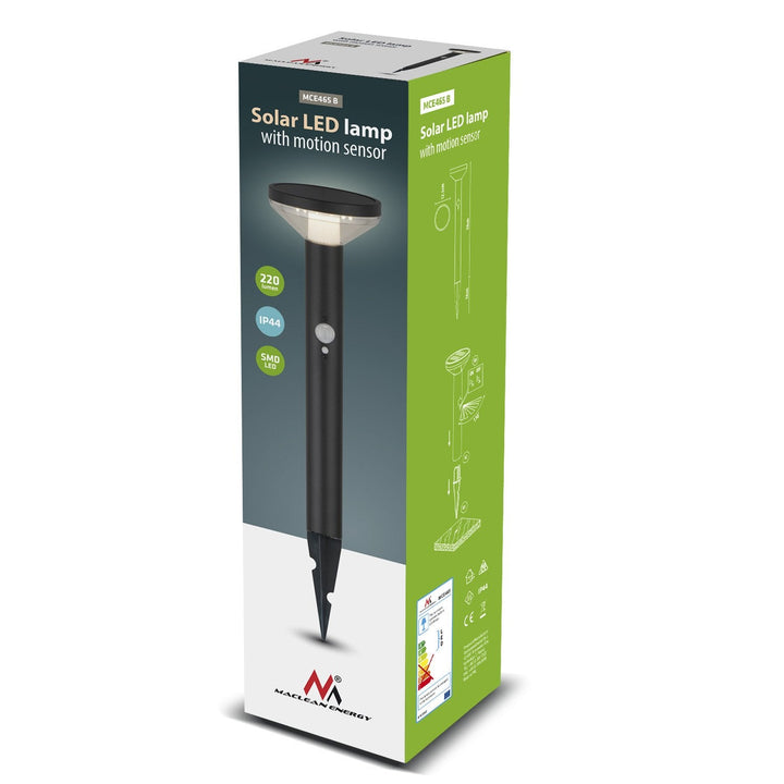 Solar LED-lampe med Maclean-sensor, sort, IP44, 3 lysindstillinger, Li-ion-batteri 18650 3,7 V 1200 mAh, indstik, MCE465 B
