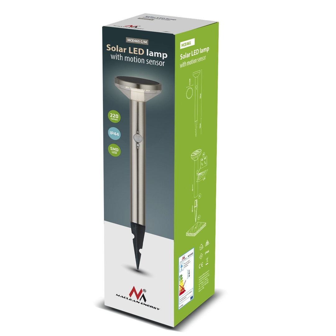 Solar LED-lampe med sensor Maclean, mat krom, IP44, 3 lysindstillinger, Li-ion-batteri 18650 3,7 V 1200 mAh, indstik, MCE465 C/M
