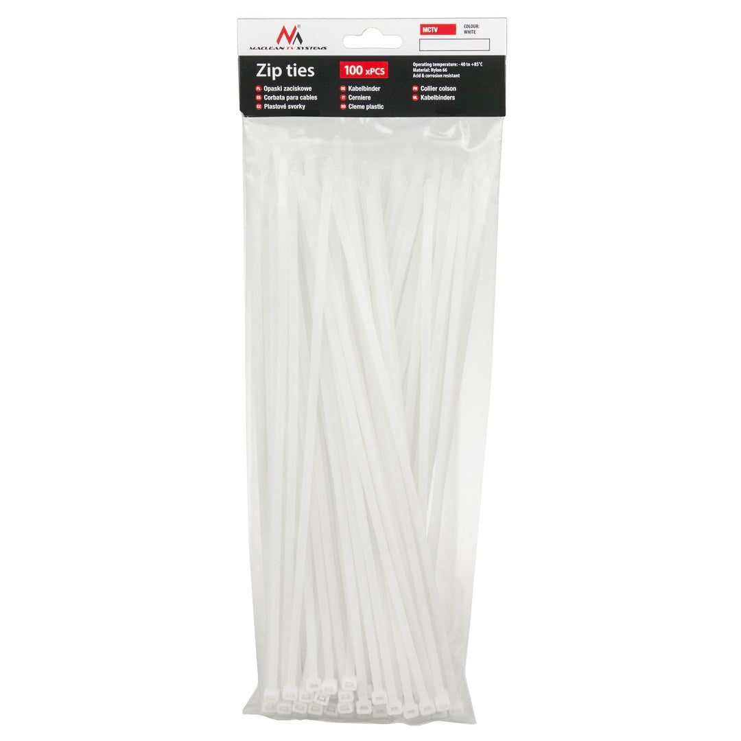 Kabelbindere (100 stk.) Maclean MCTV-463 W - hvide, 3,6 x 250 mm, UV-bestandige, brugstemperatur - 40 +85 °C.