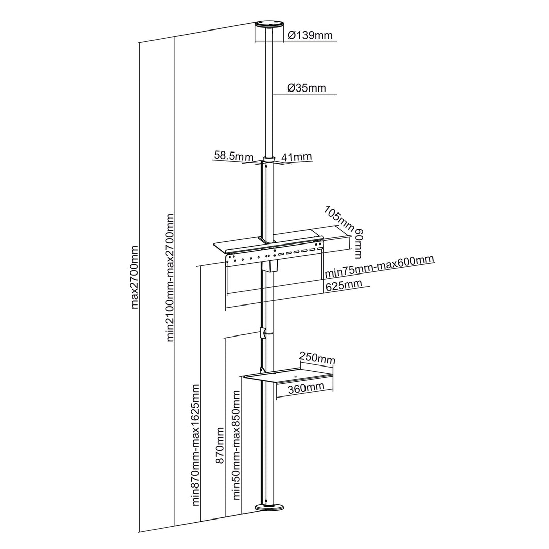 Teleskopisk TV-holder, loft-gulv med hylde Maclean MC-791N 37"-70" maks. 30 kg