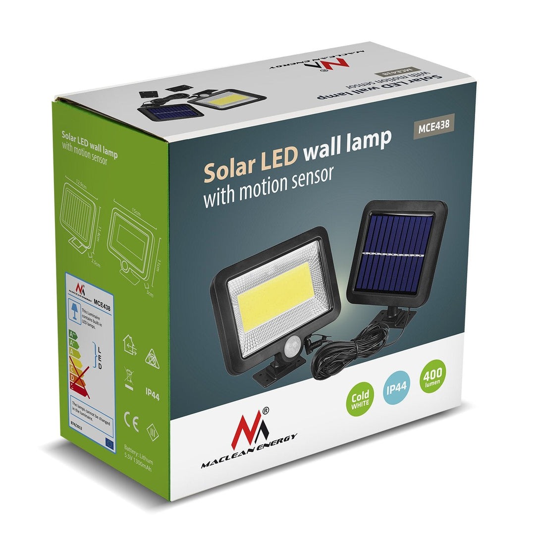 Solcelledrevet LED-projektør med bevægelsessensor fra Maclean Energy, IP44, 5 W, 400 lm, 6000 K kold hvid, litiumbatteri 1300 mAh, 3,7 V DC  MCE438