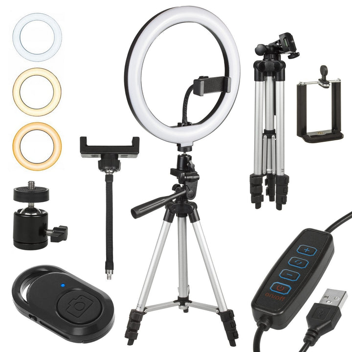 10" LED-ringlampe 12W med stativ 1,1 m Maclean Energy MCE610, Bluetooth-selvudløser, mulighed for at ændre farve 3200K-5600K og lysstyrke 10-100%