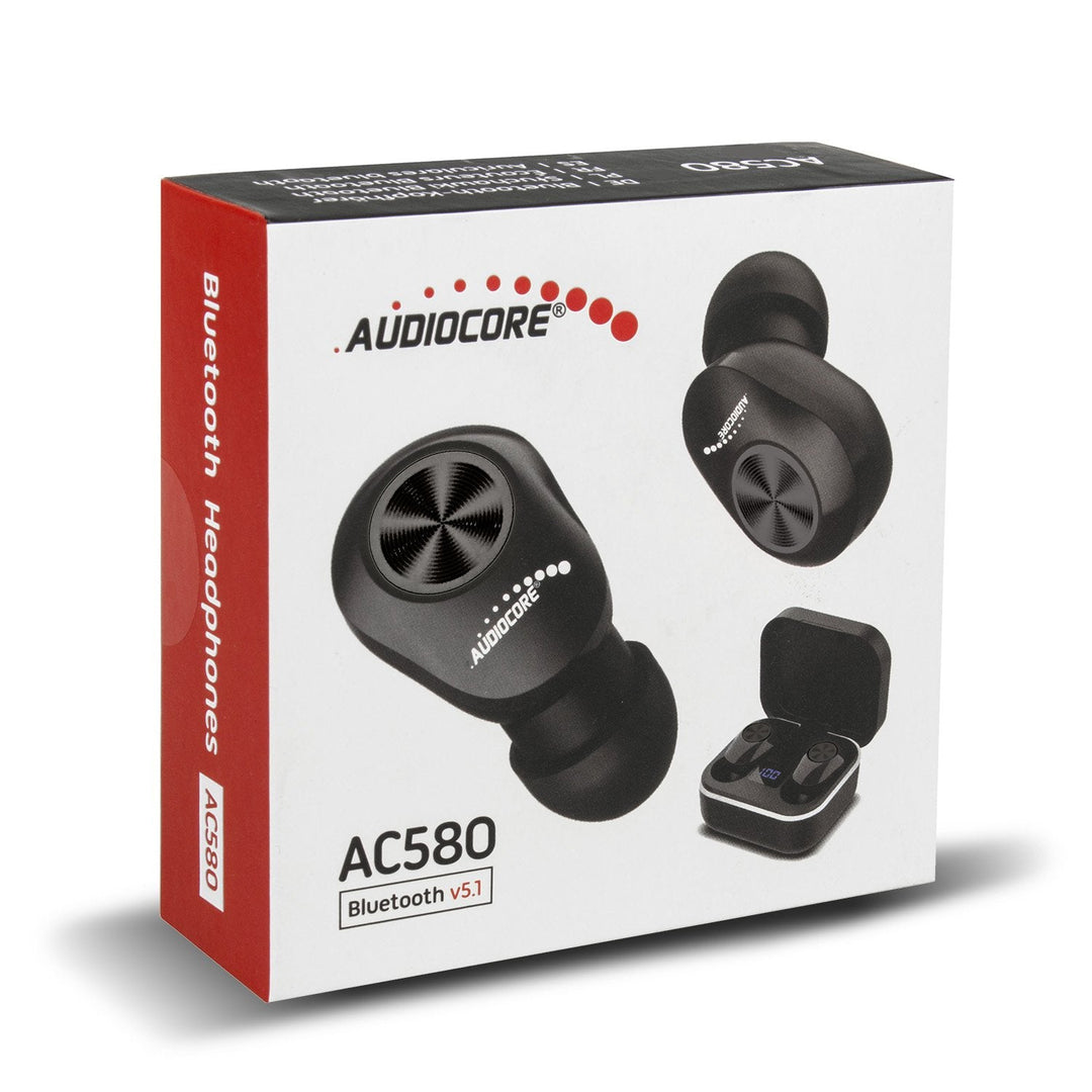 Audiocore TWS BT 5.1 øretelefoner med 300 mAh opladningsstation, 30 mAh øretelefoner, sort AC580
