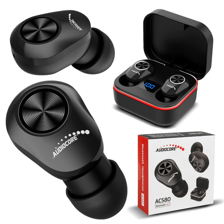 Audiocore TWS BT 5.1 øretelefoner med 300 mAh opladningsstation, 30 mAh øretelefoner, sort AC580