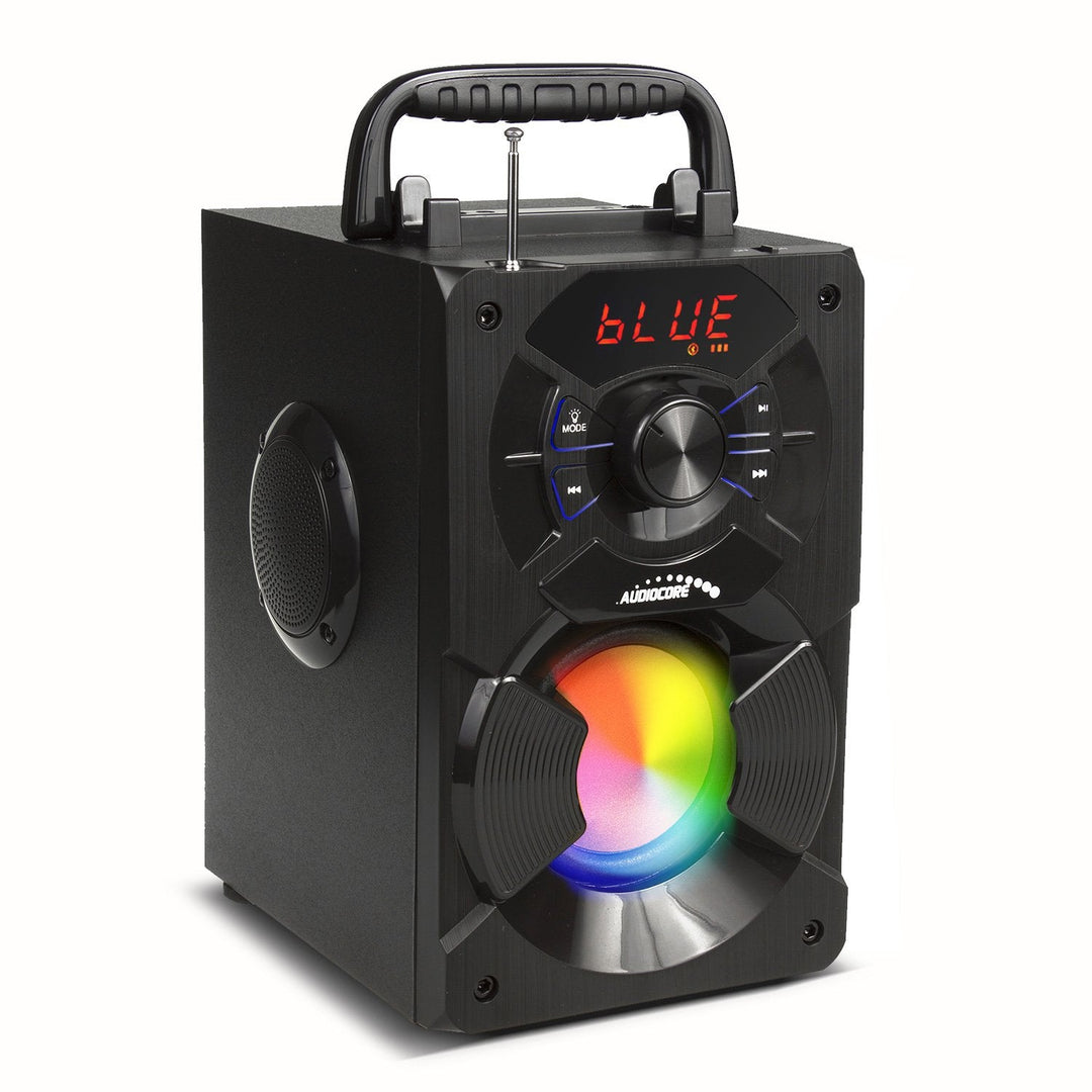 Bærbar Bluetooth-højttaler / radio / SD / MMC / aux-in / USB / belysning / fjernbetjening / teleskopantenne / mikrofonstik