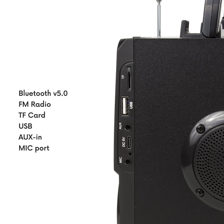 Bærbar Bluetooth-højttaler / radio / SD / MMC / aux-in / USB / belysning / fjernbetjening / teleskopantenne / mikrofonstik