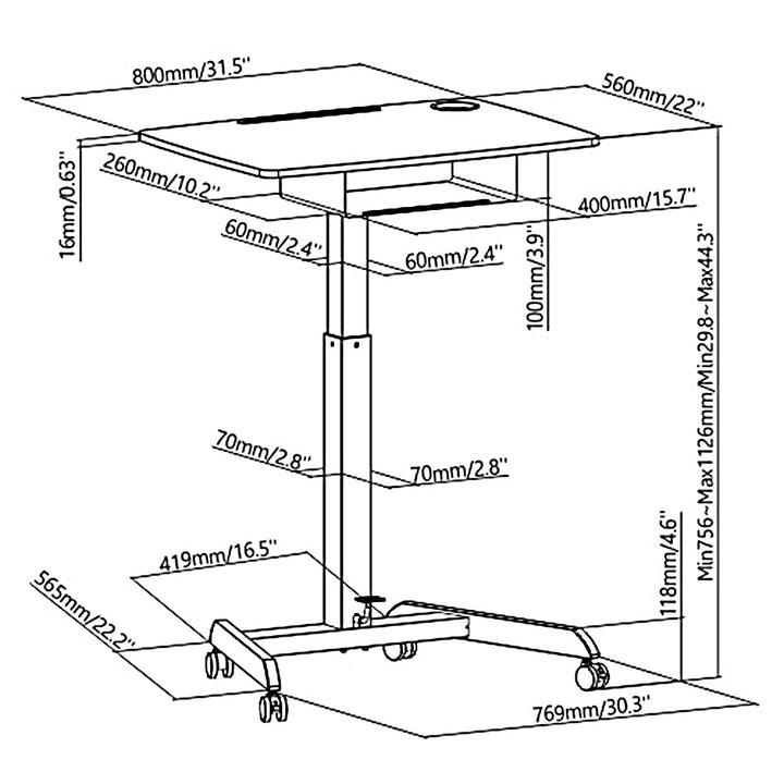 Maclean skrivebord til bærbar computer, højdejusterbar, med skuffe, sort, til stående og siddende arbejde, maks. højde 113 cm - 8 kg maks., MC-903B