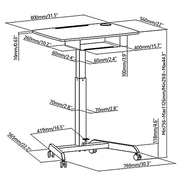 Maclean skrivebord til bærbar computer, højdejusterbar, med skuffe, hvid, til stående og siddende arbejde, maks. højde 113 cm - maks. 8 kg, MC-903W