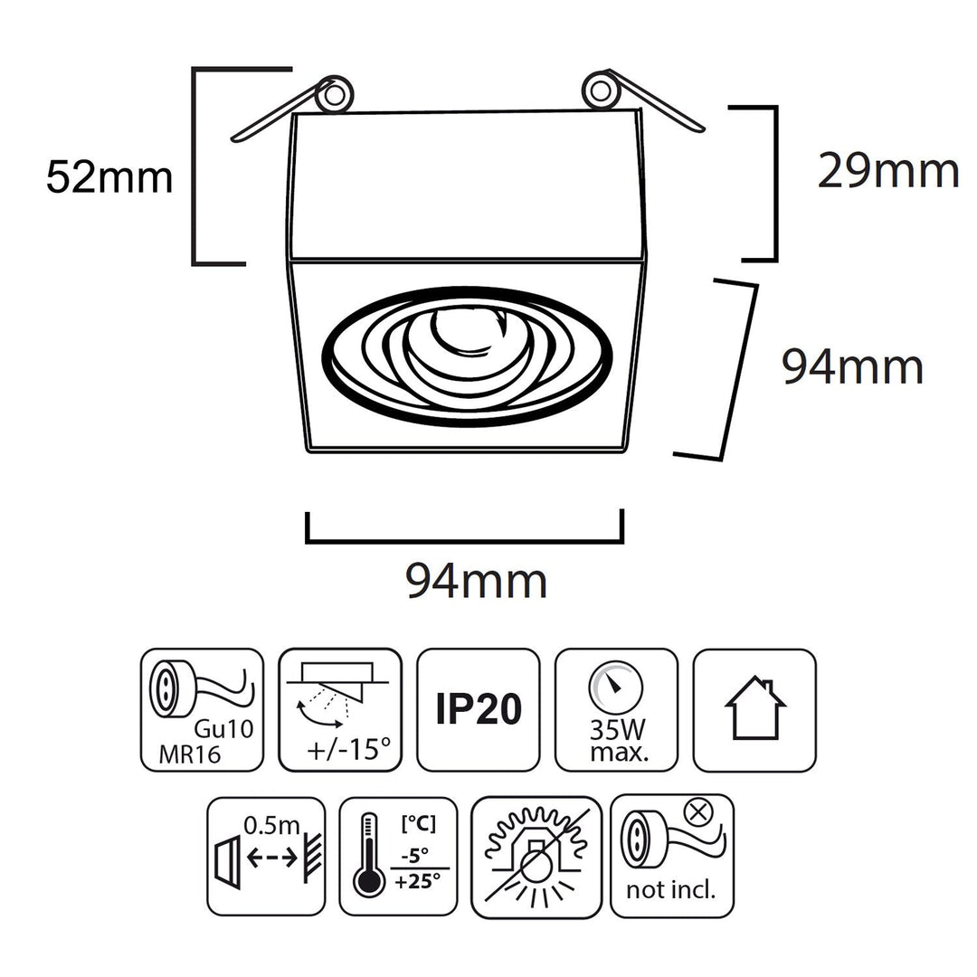 Maclean spotloftsarmatur, til MR16/GU10 lyskilder, sort, 94x94x32 mm, firkantet, aluminium, MCE464 B
