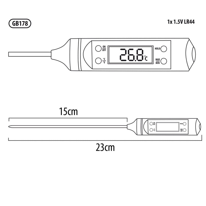 Termometer/føler til fødevarer, GreenBlue, følerlængde 15 cm, temperaturområde -50 °C til +300 °C, nøjagtighed 0,1 °C, GB178