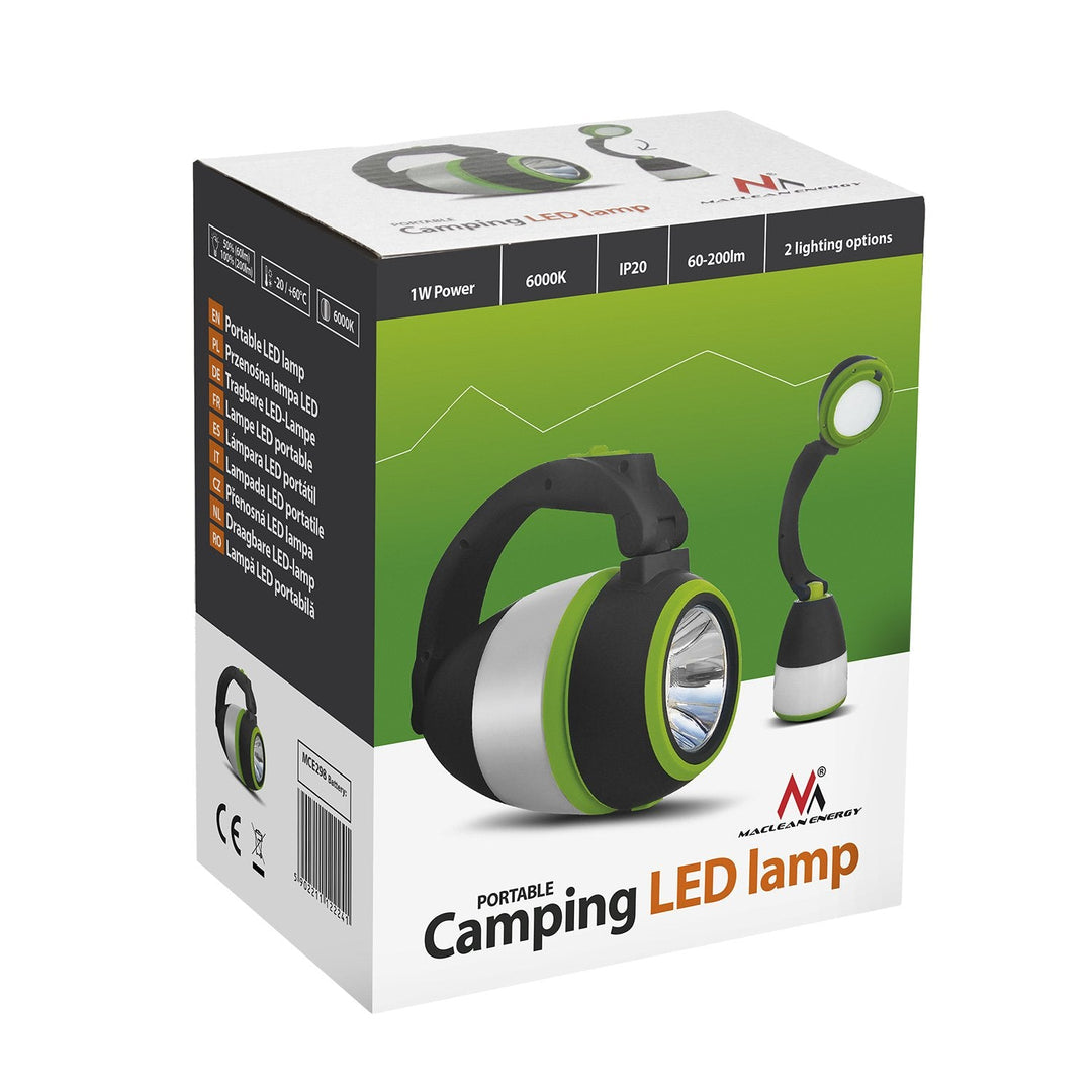 Maclean 3-i-1 LED-lampe, campinglampe, bordlampe, lommelygte, 1 W, 60-200 lm, kold hvid 6000 K, strømforsyning 3xAA 1,5 V, MCE294