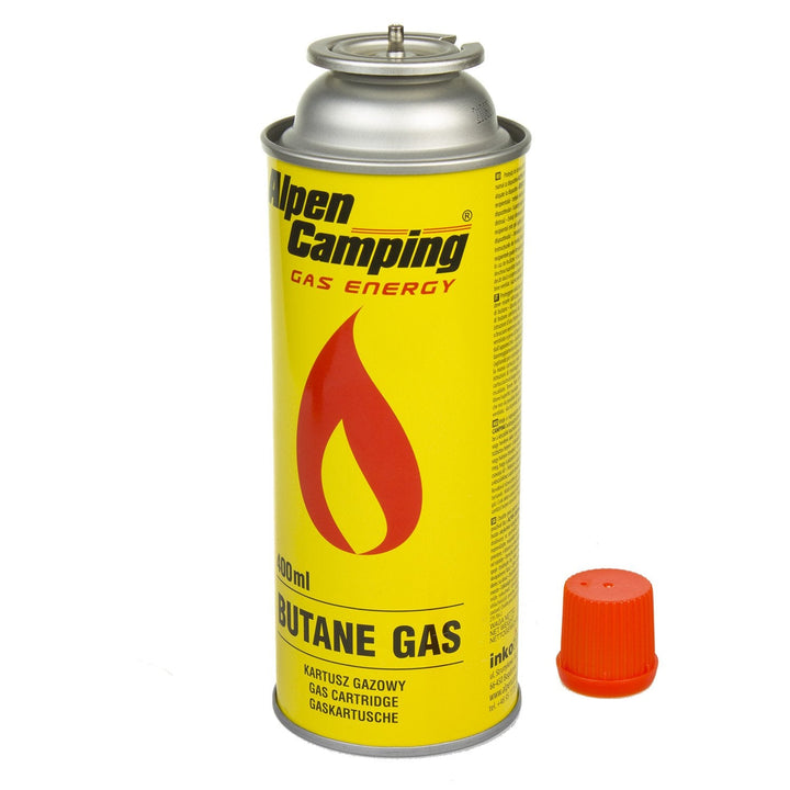 400 ml gaspatron Alpen Camping. Certifikat: Pi 0875, i overensstemmelse med standarden EN417, isobutan, anvendelsesområde -10 °C til +40 °C, IK004