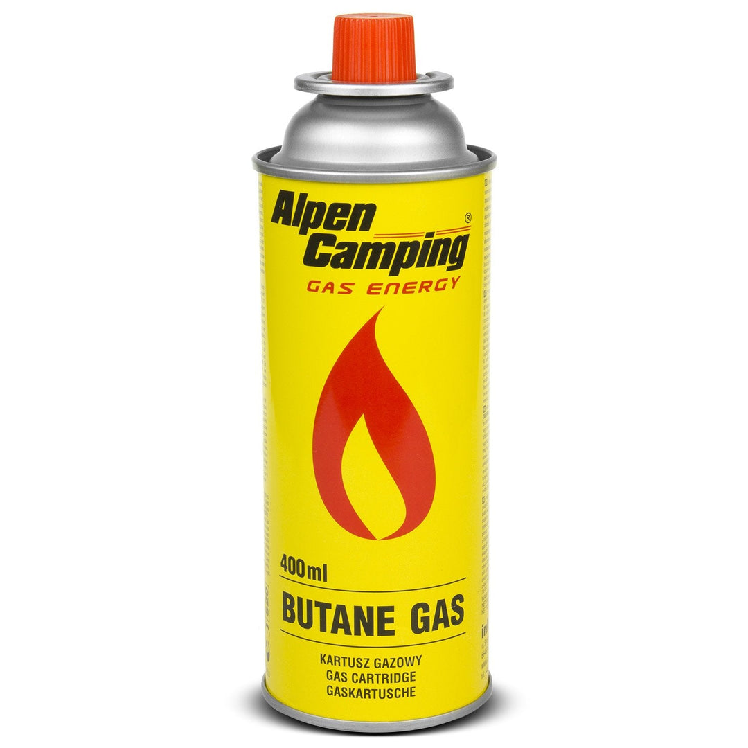400 ml gaspatron Alpen Camping. Certifikat: Pi 0875, i overensstemmelse med standarden EN417, isobutan, anvendelsesområde -10 °C til +40 °C, IK004