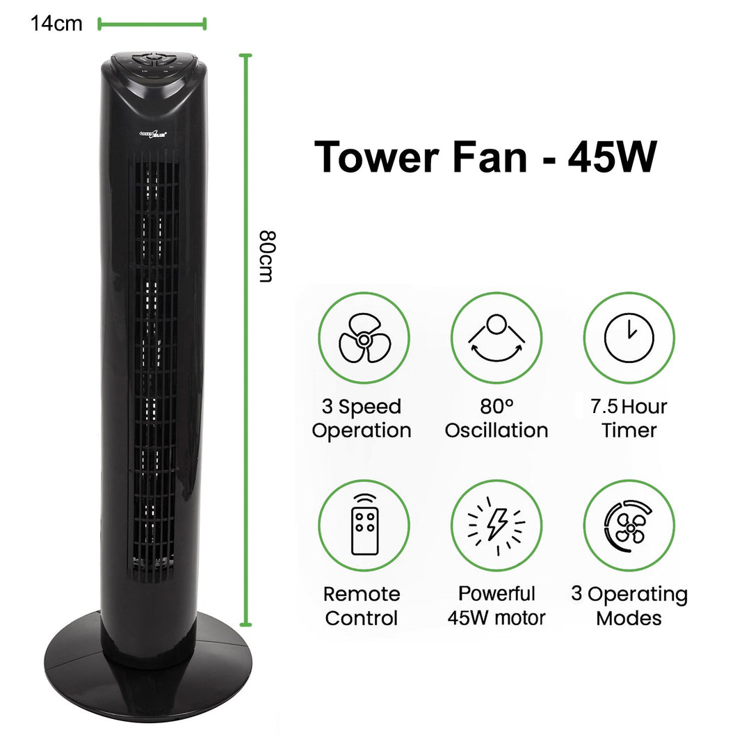 Søjleventilator med fjernbetjening, 3 indstillinger, 3 hastigheder, 80° svingning, 45 W, timer, højde 82 cm GB645