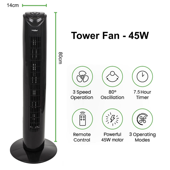 Søjleventilator med fjernbetjening, 3 indstillinger, 3 hastigheder, 80° svingning, 45 W, timer, højde 82 cm GB645
