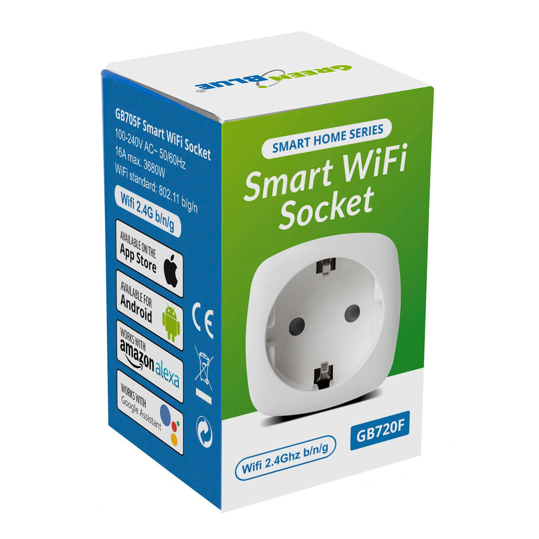Fjernbetjent WiFi-stik GreenBlue, Android/iOS/Alexa/Google Home, energiforbrug, timer, maks. 3680 W, type F, GB720 F