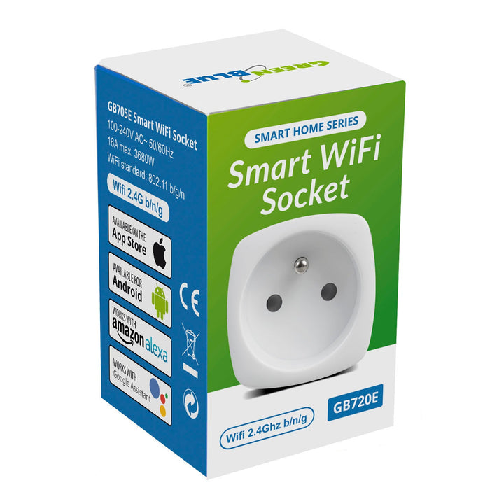 Fjernbetjent WiFi-stik GreenBlue, Android/iOS/Alexa/Google Home, energiforbrug, timer, maks. 3680 W, type E, GB720 E
