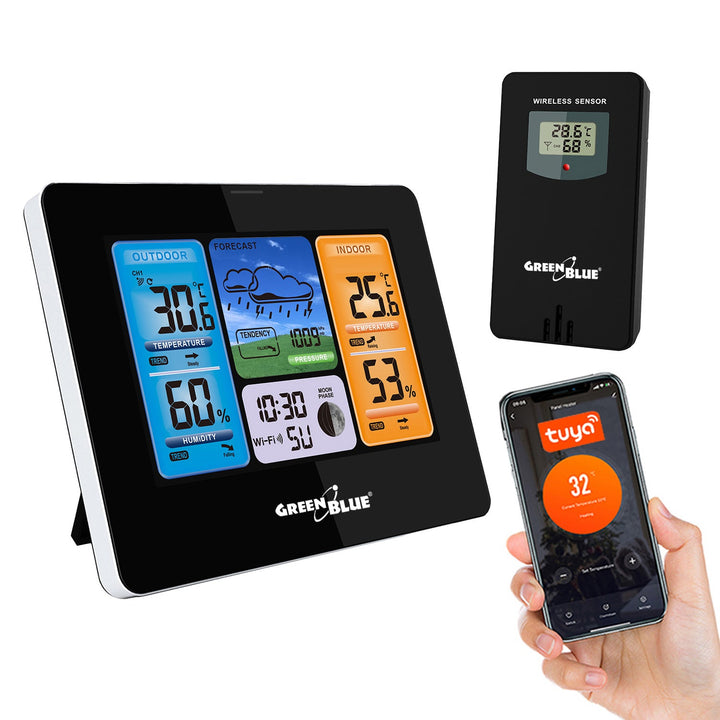 GreenBlue WiFi-vejrstation, kompatibel med TUYA, udendørs sensor, kalender, vejrudsigt, barometer, GB215