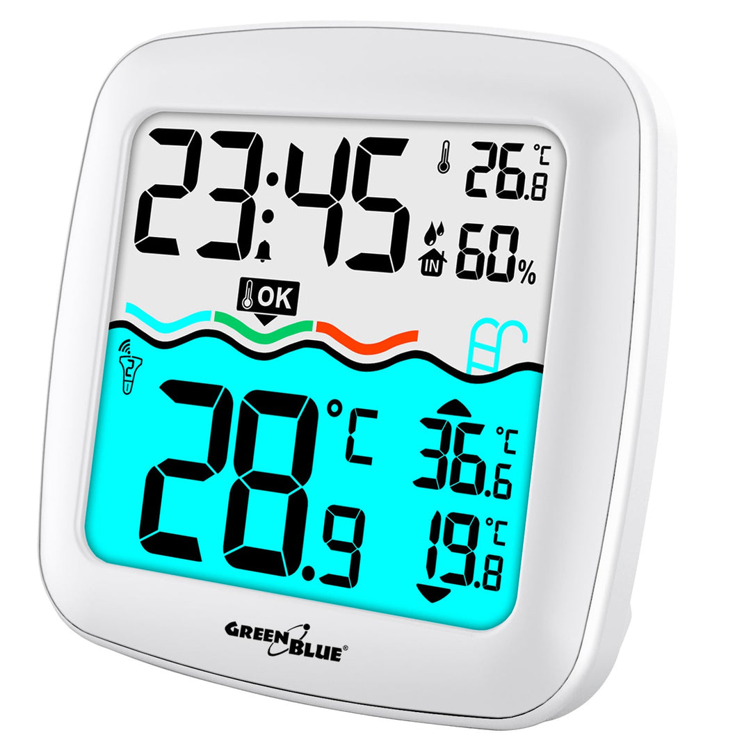 Vejrstation med GreenBlue-bassinetermometer, rækkevidde 60 m, flydende sensor, temperatur, klokkeslæt, kalender, DCF, GB216
