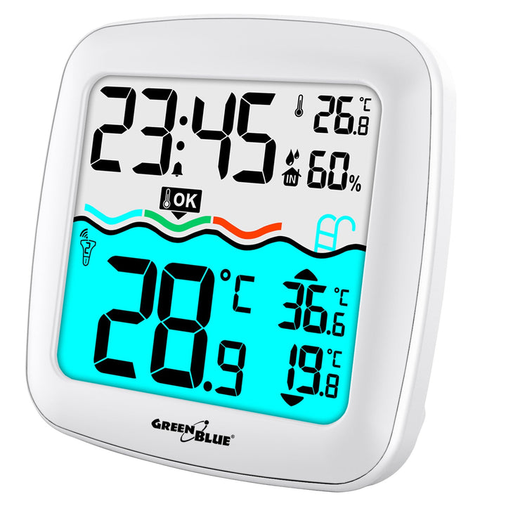 Vejrstation med GreenBlue-bassinetermometer, rækkevidde 60 m, flydende sensor, temperatur, klokkeslæt, kalender, DCF, GB216