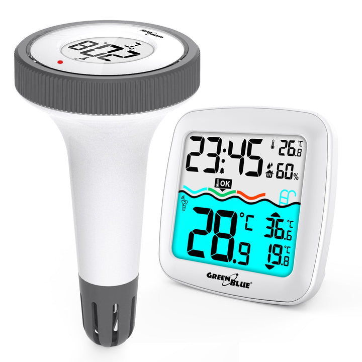 Vejrstation med GreenBlue-bassinetermometer, rækkevidde 60 m, flydende sensor, temperatur, klokkeslæt, kalender, DCF, GB216
