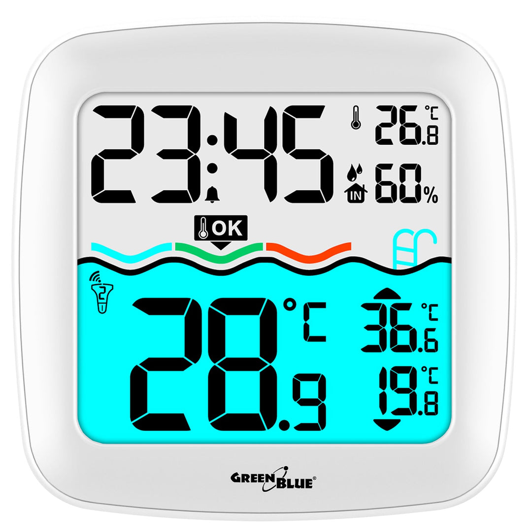 Vejrstation med GreenBlue-bassinetermometer, rækkevidde 60 m, flydende sensor, temperatur, klokkeslæt, kalender, DCF, GB216