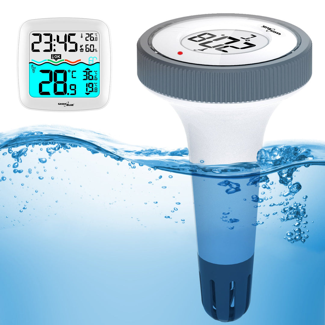 Vejrstation med GreenBlue-bassinetermometer, rækkevidde 60 m, flydende sensor, temperatur, klokkeslæt, kalender, DCF, GB216