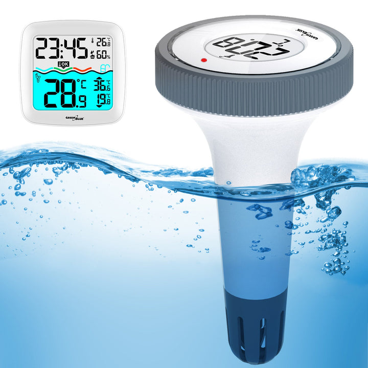 Vejrstation med GreenBlue-bassinetermometer, rækkevidde 60 m, flydende sensor, temperatur, klokkeslæt, kalender, DCF, GB216
