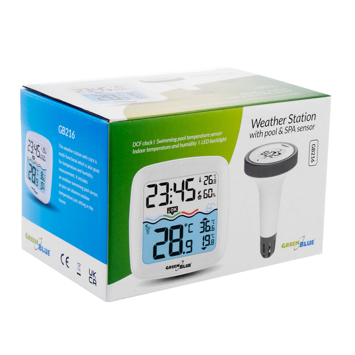 Vejrstation med GreenBlue-bassinetermometer, rækkevidde 60 m, flydende sensor, temperatur, klokkeslæt, kalender, DCF, GB216