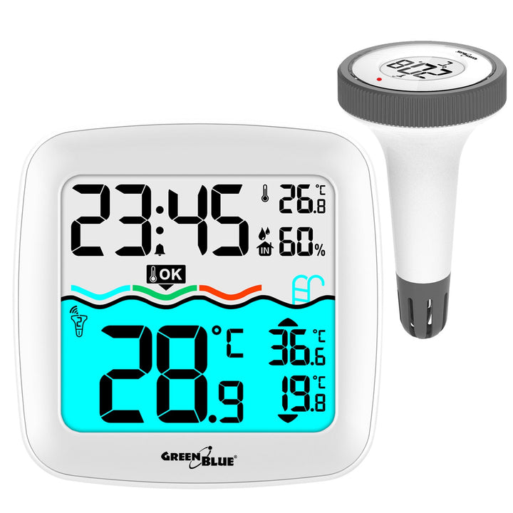 Vejrstation med GreenBlue-bassinetermometer, rækkevidde 60 m, flydende sensor, temperatur, klokkeslæt, kalender, DCF, GB216
