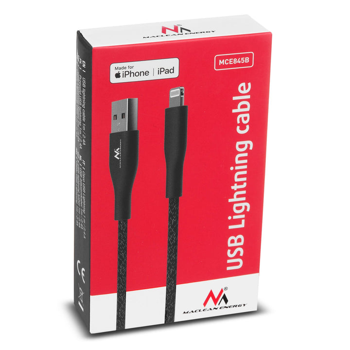MFi-kabel (Made for iPhone / iPod / iPad) med Fast Charge 2,4 A, Maclean Energy MCE845B, sort, 1 m, 5 V/2,4 A – dataoverførsel