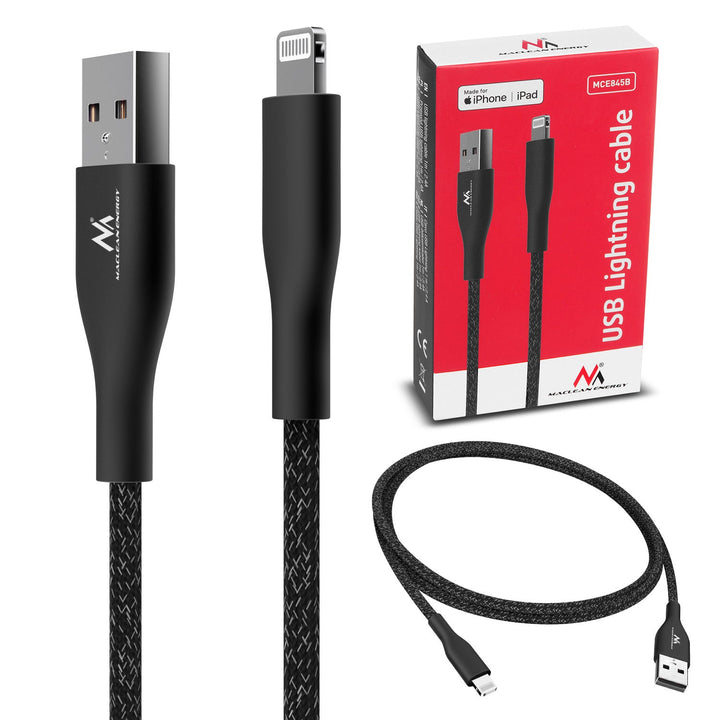 MFi-kabel (Made for iPhone / iPod / iPad) med Fast Charge 2,4 A, Maclean Energy MCE845B, sort, 1 m, 5 V/2,4 A – dataoverførsel