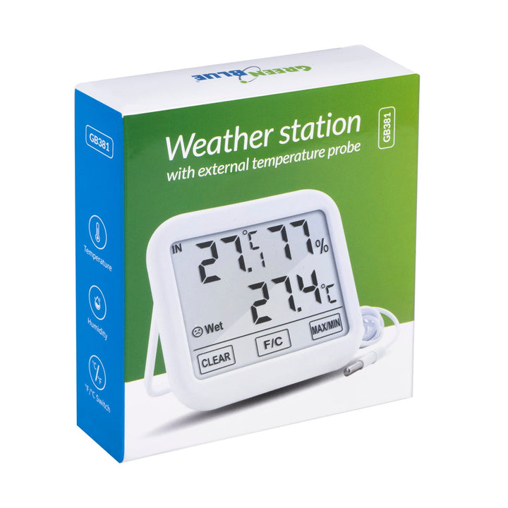 Vejrstation med udendørs sonde 1,5 m GreenBlue, kabellængde 1,5 m, 2xAAA-batteri, GB381