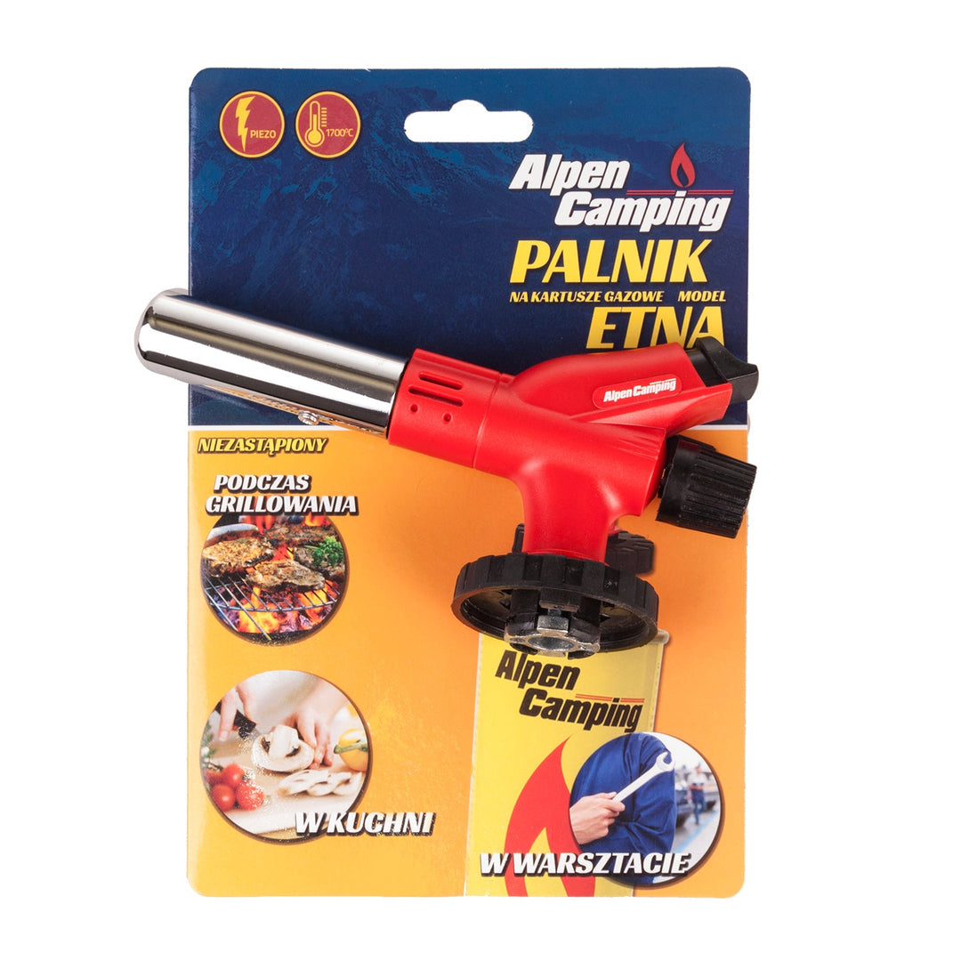 Alpen Camping patronbrænder, flammetemperatur 1300 °C, piezoelektrisk tænding, flammejustering, ETNA