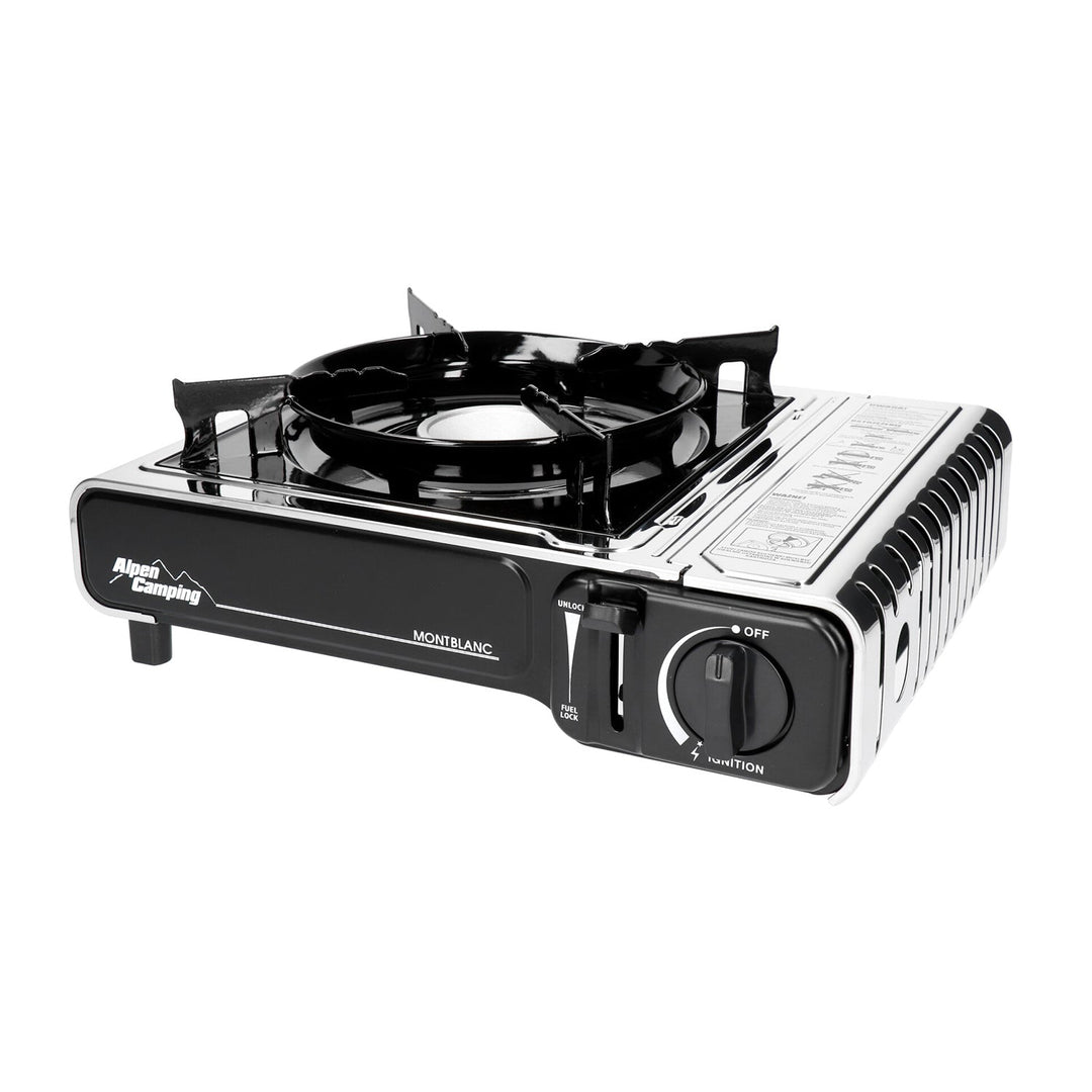 Alpen Camping campingkomfur, effekt: 2,2 kW, gasforbrug 160 g/t, piezoelektrisk tænding, MONT BLANC