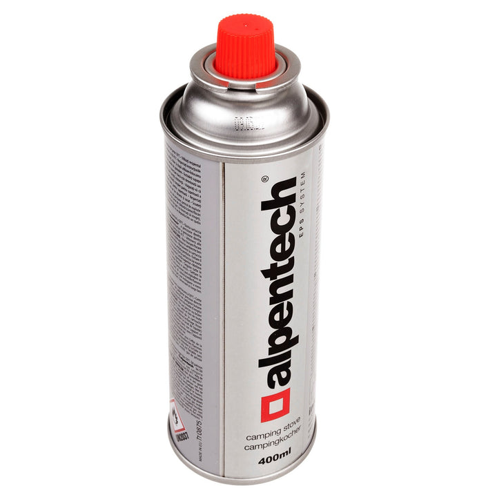 Alpentech 380 ml gaspatron, certifikat: Pi 0875, i overensstemmelse med EN521, butan, anvendelsesområde -10 °C til +40 °C, IK300