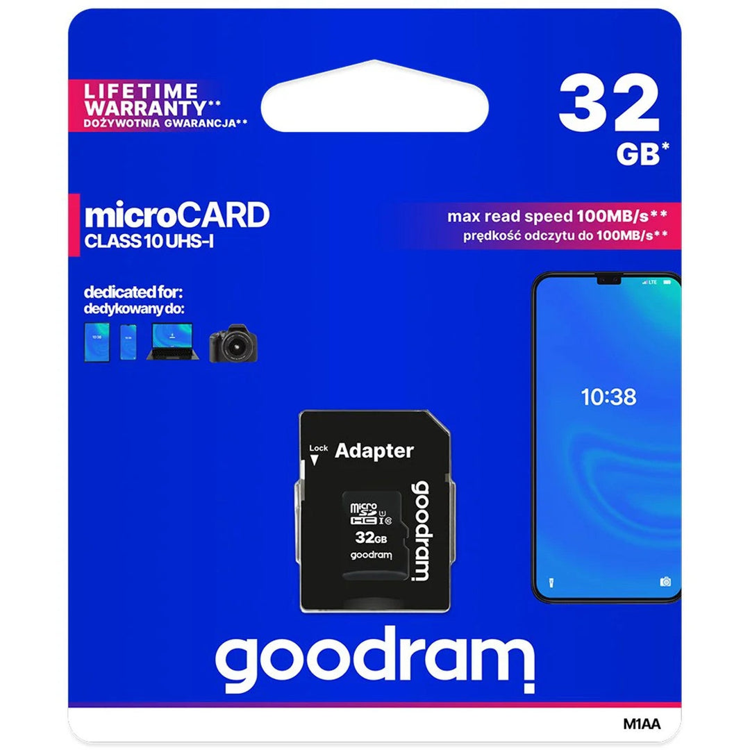 32 GB microSD-hukommelseskort + SD-adapter klasse 10 UHS-I Goodram