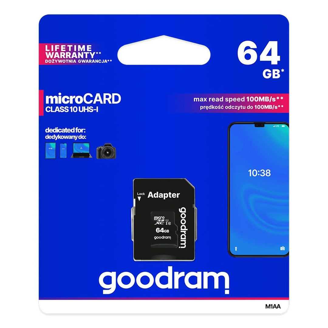 64 GB microSD-hukommelseskort med adapter, klasse 10, Goodram