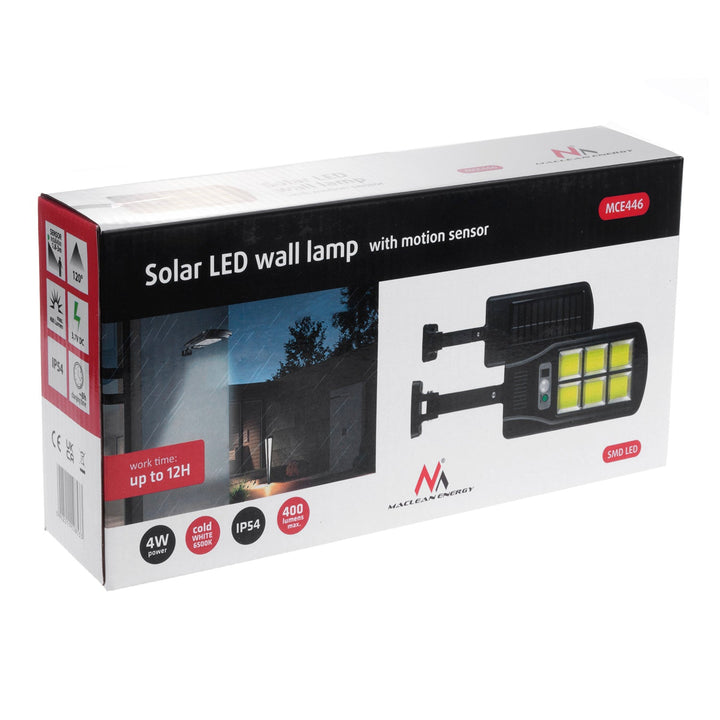 Solcellelampe med bevægelsessensor og fjernbetjening Maclean IP54, 4W, 400lm, 6500K, Li-ion 1200 mAh, 3 driftsindstillinger MCE446