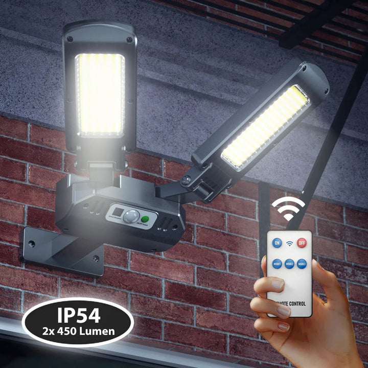 Solcellelampe med bevægelsessensor og fjernbetjening Maclean IP54, 5W, 2x450lm, 6500K, Li-ion 2400 mAh, 3 driftsindstillinger MCE447