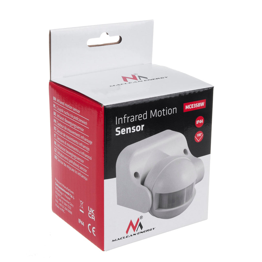 Maclean PIR-bevægelsessensor, infrarød, IP44, hvid, rækkevidde 12 m, maks. belastning 800/1200 W, MCE358 W