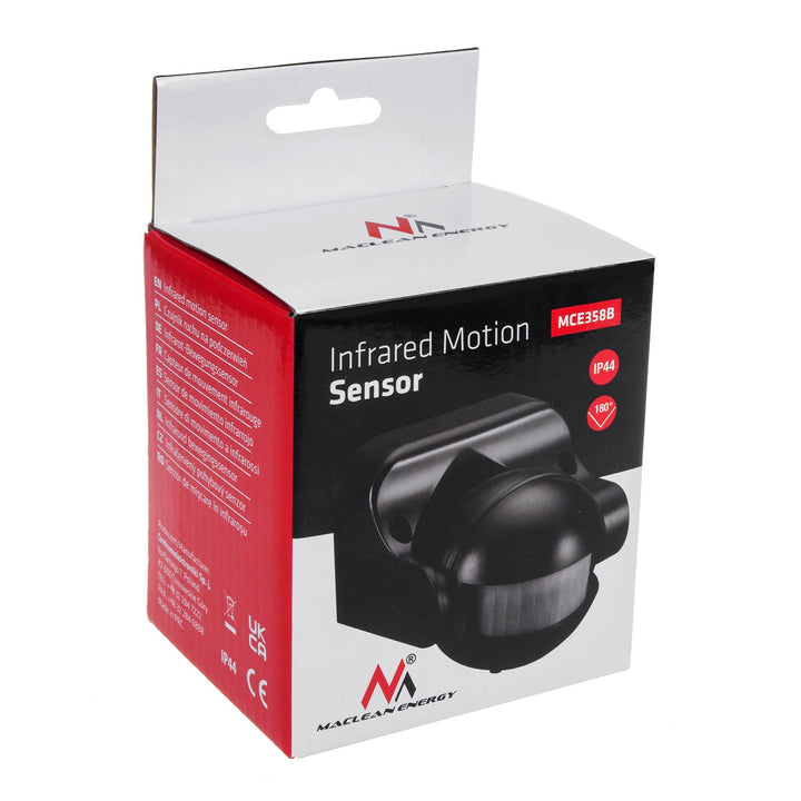 Maclean PIR-bevægelsessensor, infrarød, IP44, sort, rækkevidde 12 m, maks. belastning 800/1200 W, MCE358 B