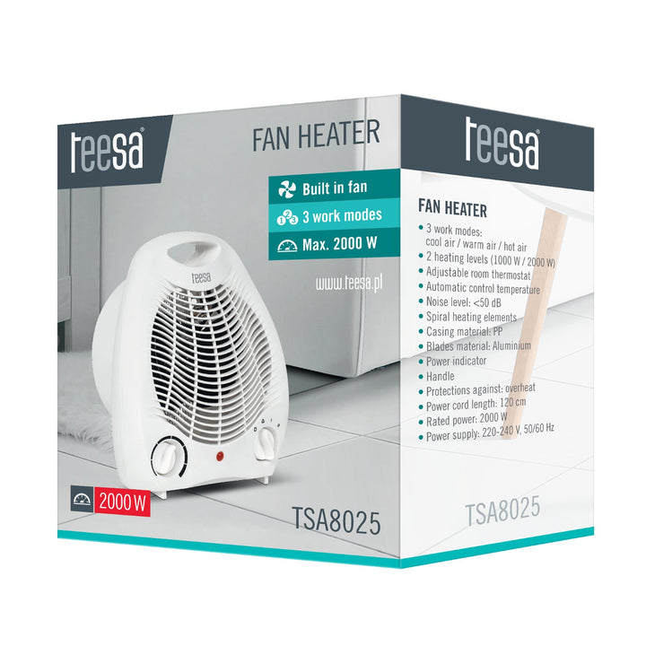 Teesa TSA8025 2000 W varmeblæser 3 driftsindstillinger, justerbar termostat