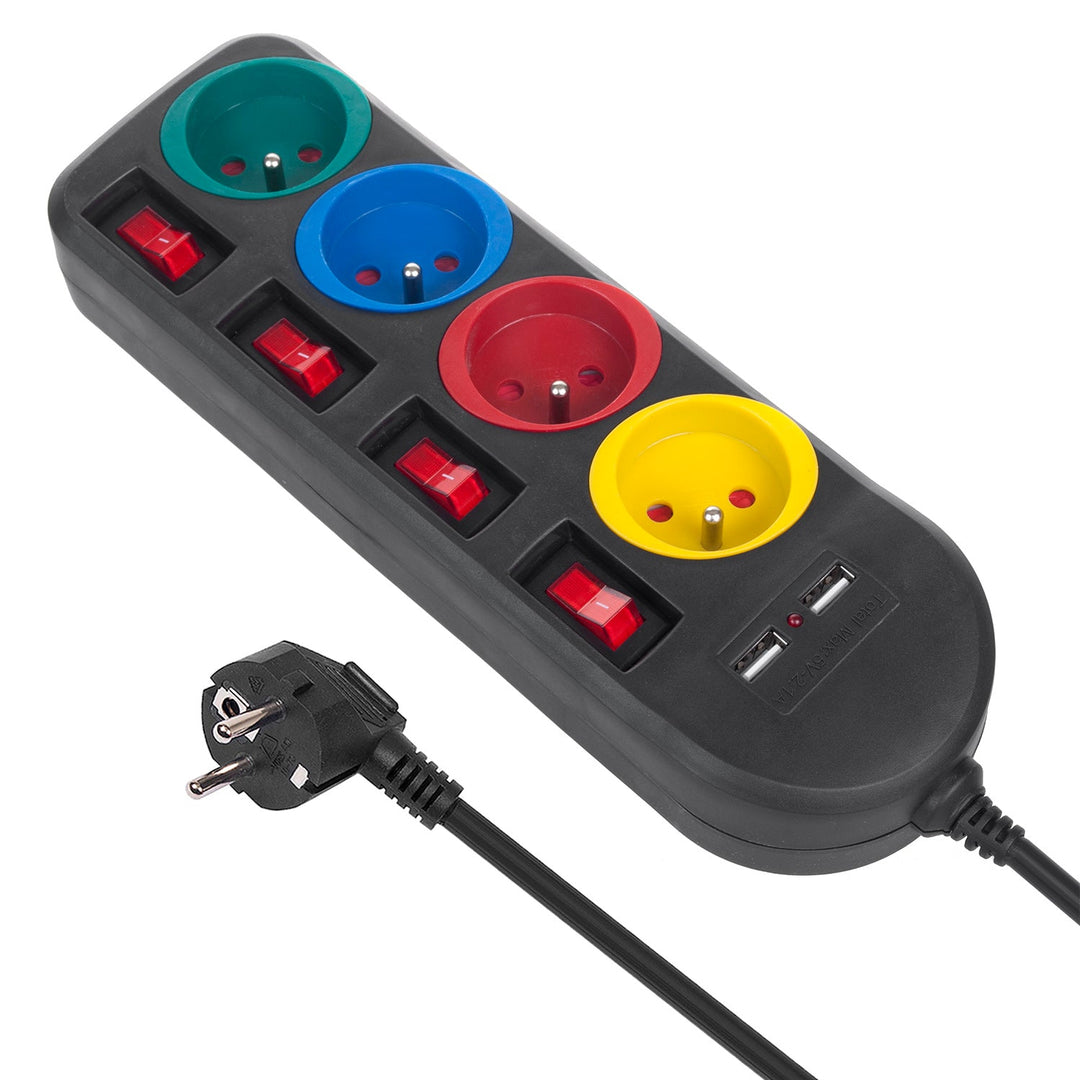 Maclean strømskinne, forlængerledning med 4 stik + 2xUSB, med afbrydere, 250VAC/10A, 2,1A 5V, 1,5 m, sort, MCE229 B