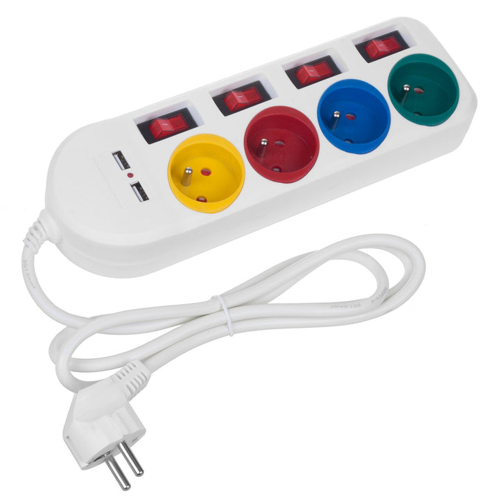 Maclean strømskinne, forlængerledning med 4 stik + 2xUSB, med afbrydere, 250VAC/10A, 2,1A 5V, 1,5 m, hvid, MCE229 W