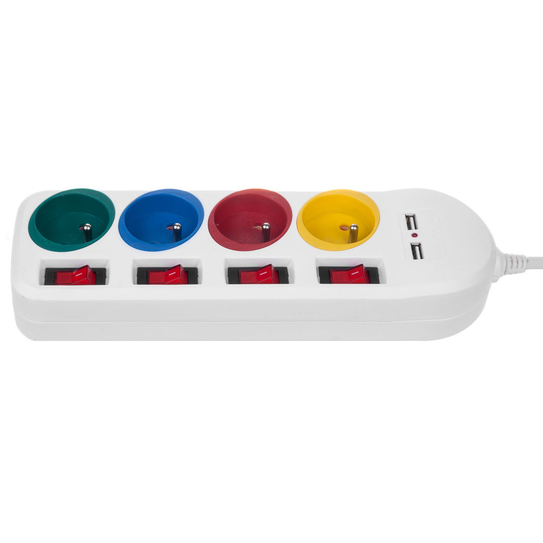 Maclean strømskinne, forlængerledning med 4 stik + 2xUSB, med afbrydere, 250VAC/10A, 2,1A 5V, 1,5 m, hvid, MCE229 W